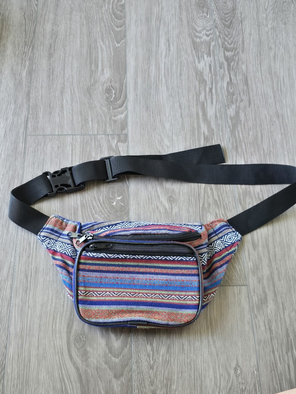 SoJourner Bags Boho Woven Cotton Fanny Pack Belt Bag Blue Striped Festival Rave